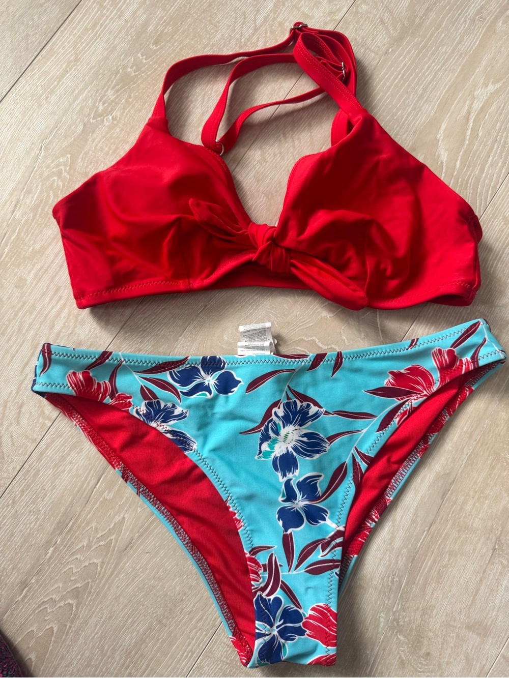 Amazon Red Halter Bikini Top with Blue Floral Bikini Bottom